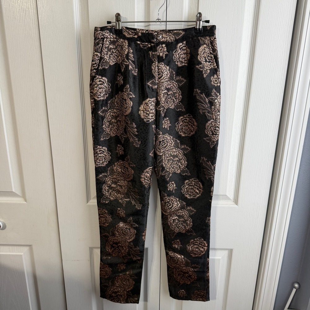Sage Hey Baby jacquard gold floral trousers size small